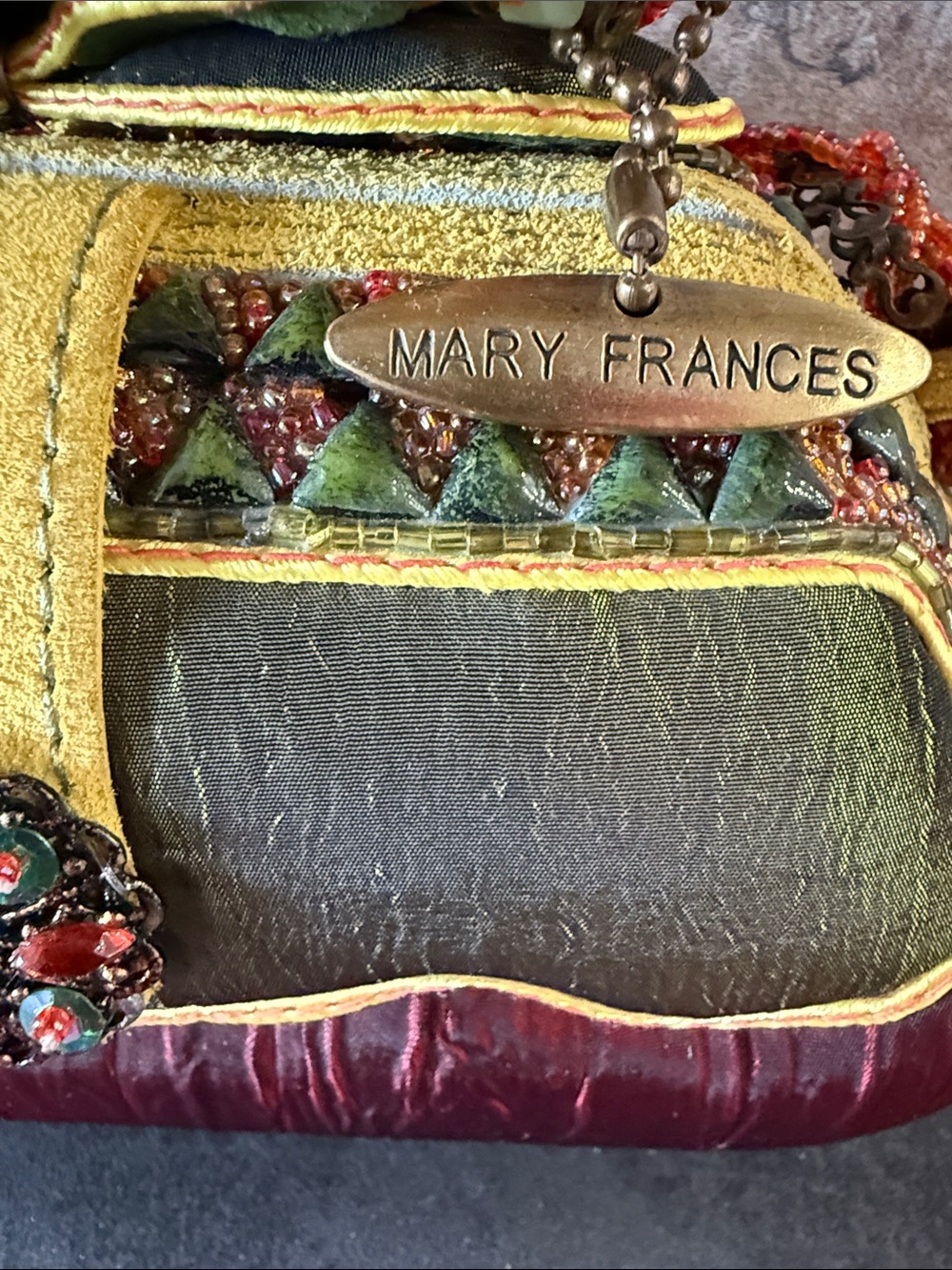 Mary Frances Burgundy, Green & Gold Beaded Embellished Evening Clutch - Picture 7 of 9